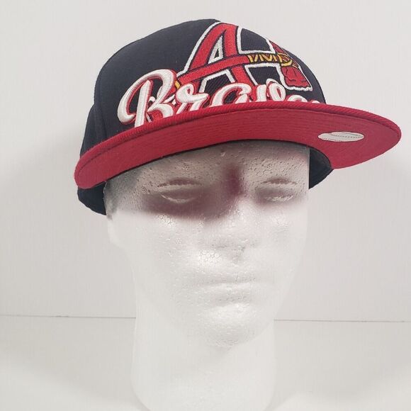 New Era MLB Atlanta Braves Fitted Baseball Tomahawk Hat Cap 7 3/8 Wool Navy Red - Picture 2 of 13